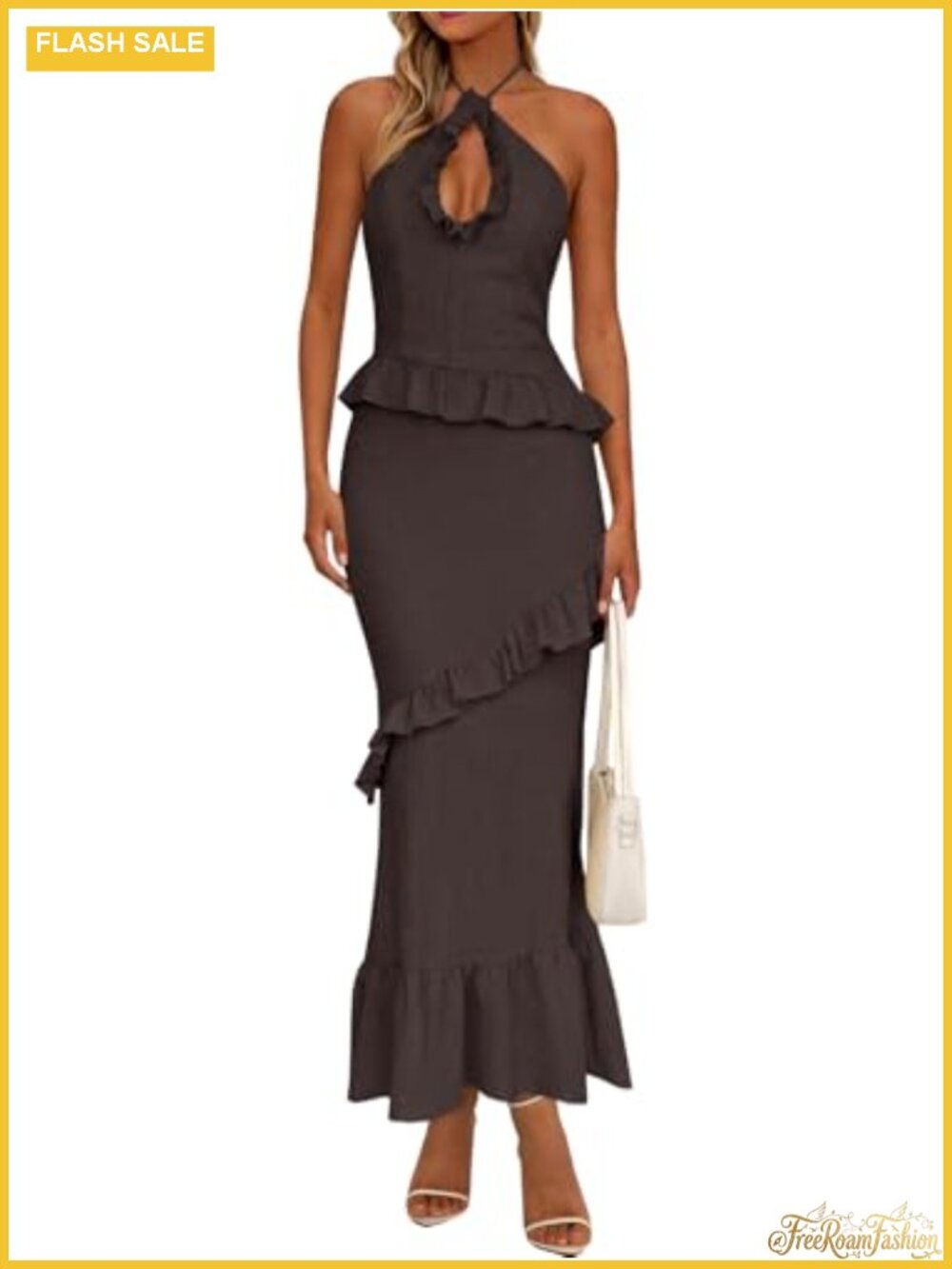 Halter Neck Maxi Dress Sleeveless Backless Ruffle Party Dress
